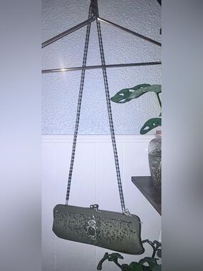 Enzabellabag Green Rhinestone Beaded Clutch Kiss Lock Bag w/ Brass Chain Strap